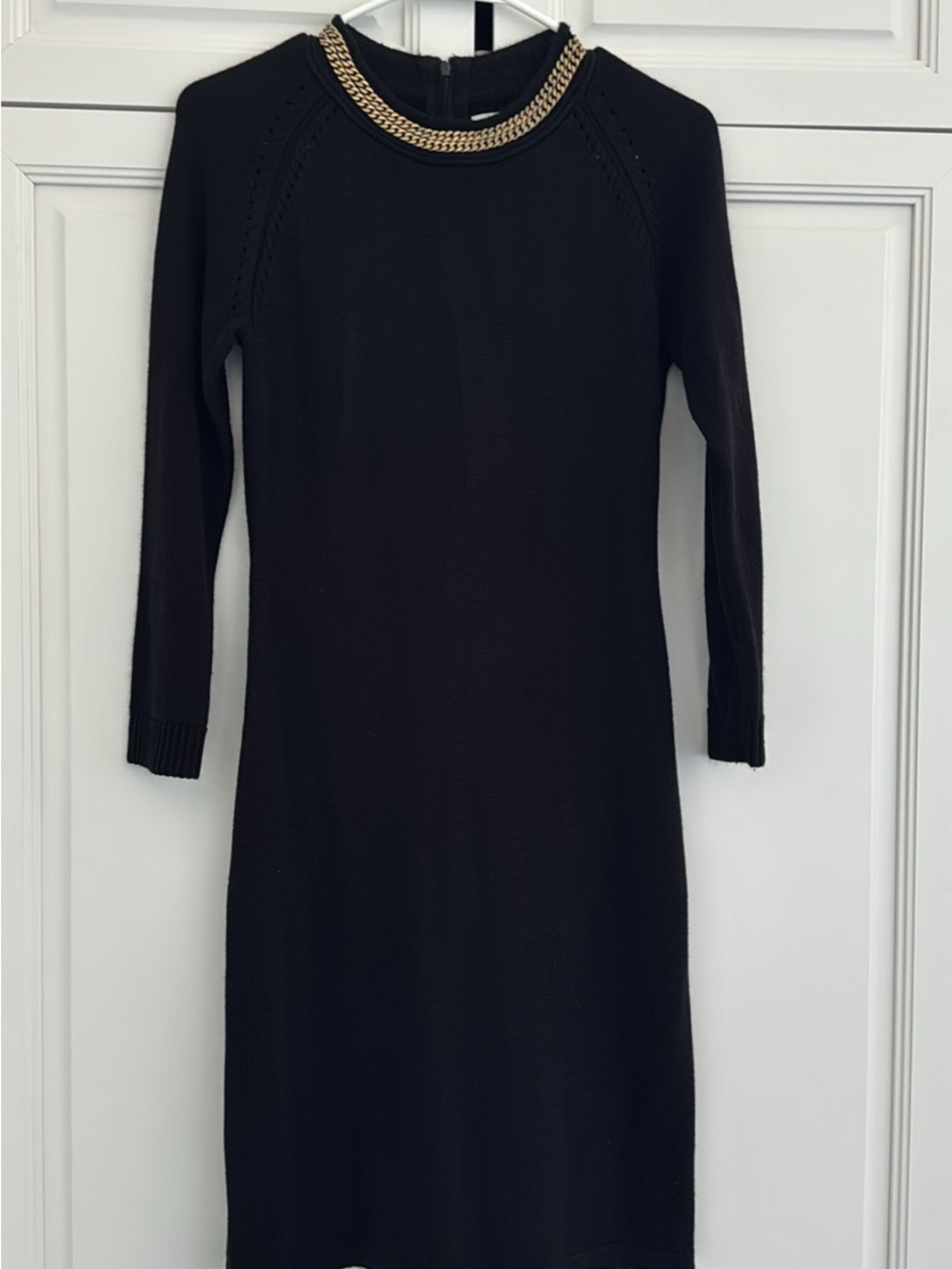 Calvin Klein Black Knit Sweater Dress Gold Chain Neckline Size S